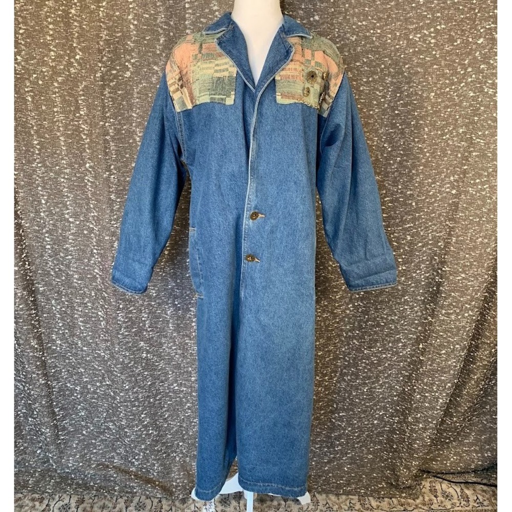 Vintage Sunbelt Denim Duster Jacket Tapestry Brooches Boho Women's‎ Petite Small